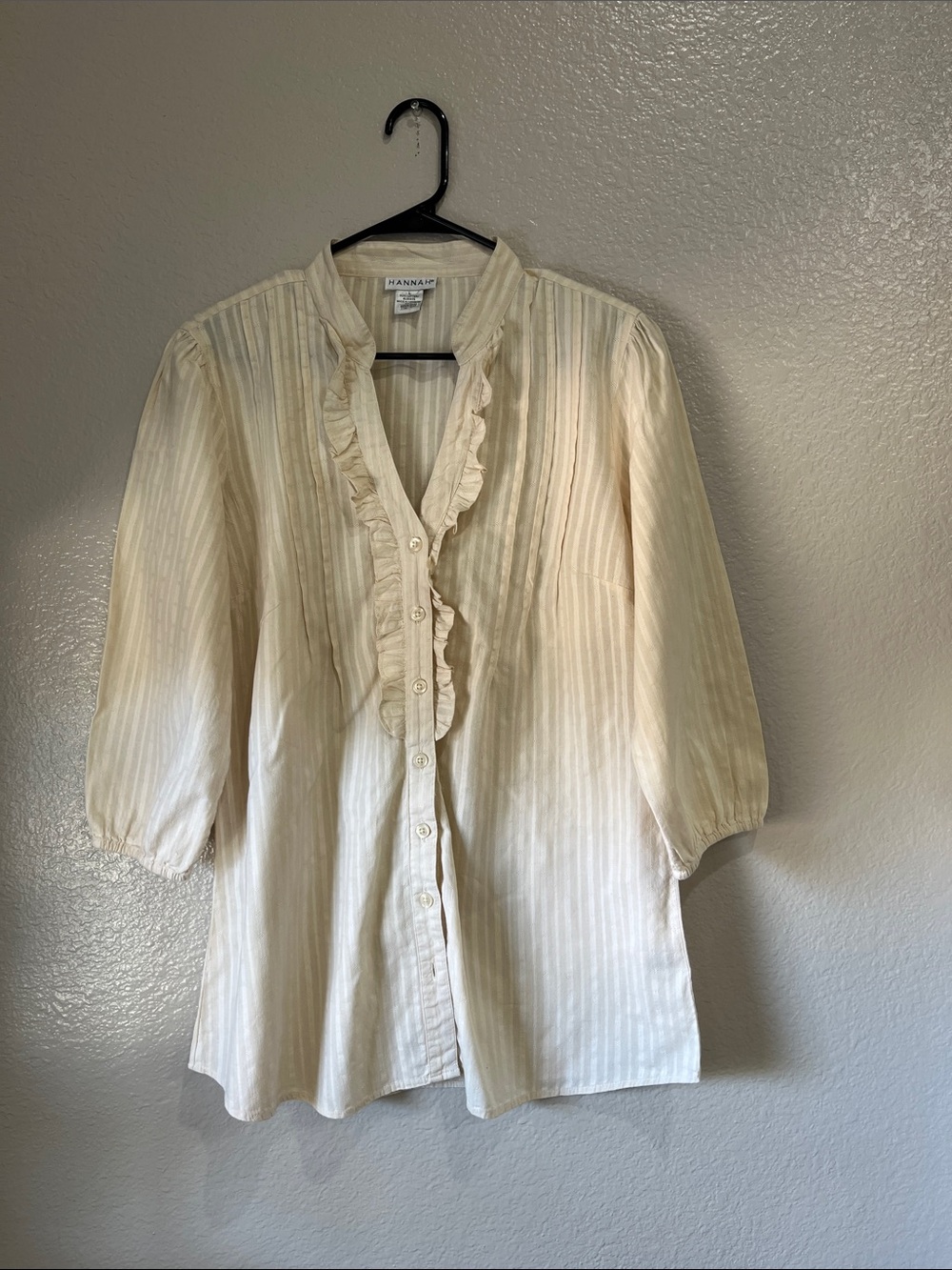 Hannah Ivory Ruffle-Front Button Cotton Blouse Sz L Vintage Boho Cottage core